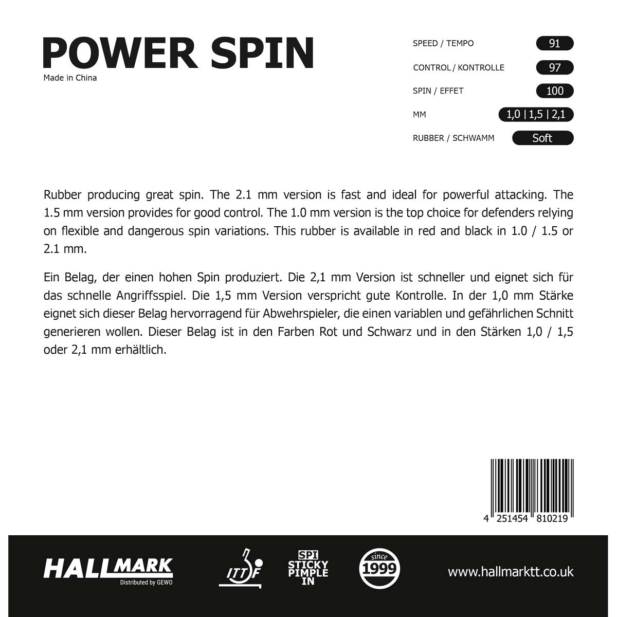 HALLMARK Belag Power Spin rot 1,0 mm
